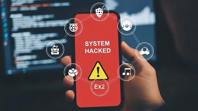 Hacked mobile phone with warning sign on screen