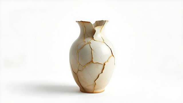 bennington. Shattered ceramic vase repaired with golden lacquer, kintsugi art on simple background. event programs, museum guides, designed for cultural heritage projects and event programs.