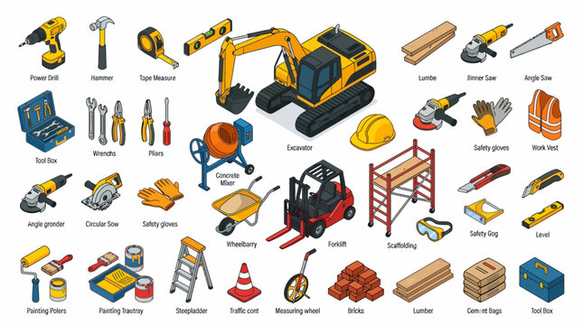 Isometric Construction Tools and Equipment Set for Building Projects.