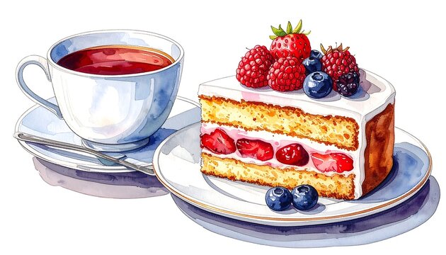Watercolor illustration of tea cup, saucer, spoon, and fruit topped cake slice