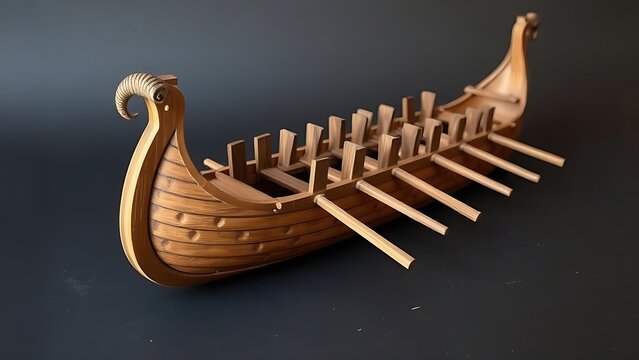 trireme. Detailed wooden model of an ancient trireme warship with rows of oars. mobility guides, transit brochures, designed for transport & logistics marketing, clarifies navigation.