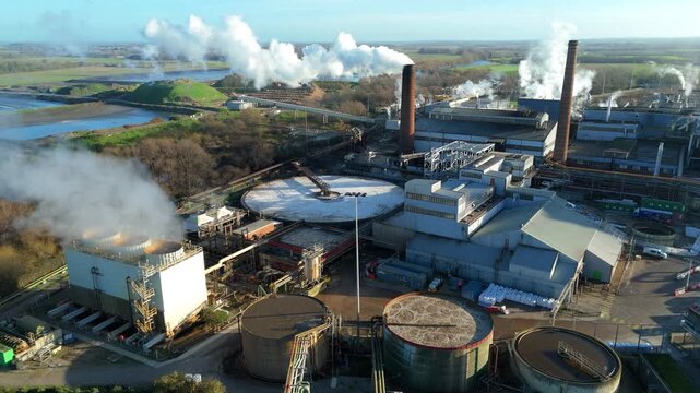 Cinematic industrial reveal of Wissington sugar beet processing