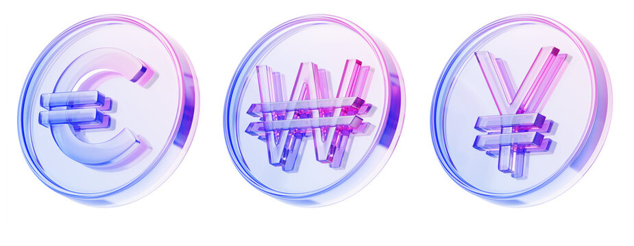 Hologram glass transparent euro, japanese yen and korean won coin set. Asian and european money 3d icon. Rainbow crystal currency with purple blue gradient. JPY stablecoin, KRW, EUR