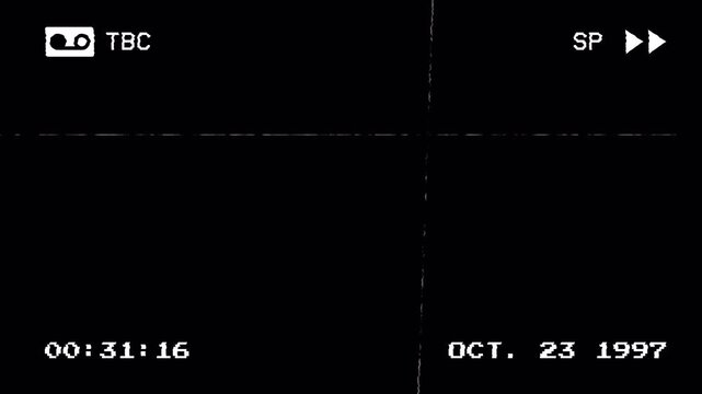 Vintage VHS fast forward overlay with TBC, analog noise, timecode, signal, indicators on dark screen for editing. Analog cassette tape forwarding interface with HUD distorted, glitch noise. 4K Video