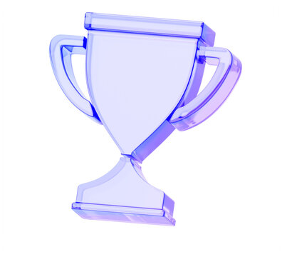 3d glass holographic trophy cup icon for ui design. Luxury crystal award goblet with blue purple neon gradient. Isolated winner prize, achievement of business goals or sport success