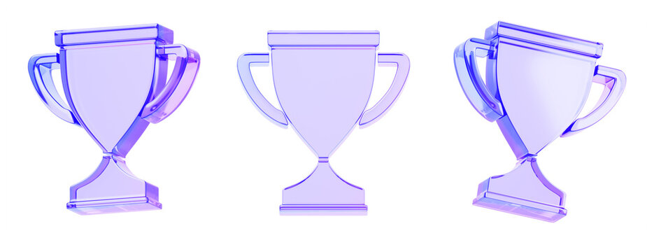 3d crystal holographic trophy set, glass cup line icon with blue purple gradient. Luxury award, iridescent transparent goblet in different angles. Glassmorphism UI design winner prize