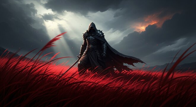 Grim warrior in dark armor standing in field of red grass under dramatic sky fantasy art style with sword and cape