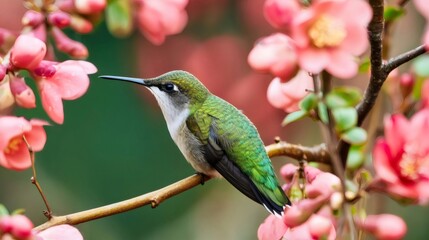 Obraz premium Hummingbird perching on branch with pink flowers blooming