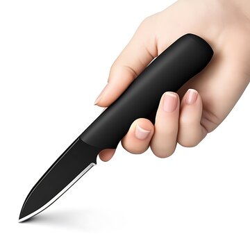 Hand holding a sharp black knife with a sleek ergonomic design.