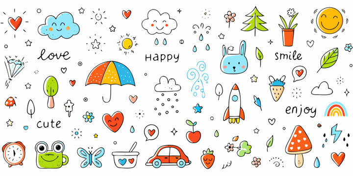 Colorful doodle art featuring hearts clouds and cheerful cartoon elements