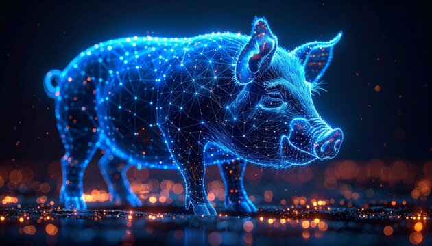 A blue electric bull on a dark background featuring a fractal energy design and a glowing skull concept illustration