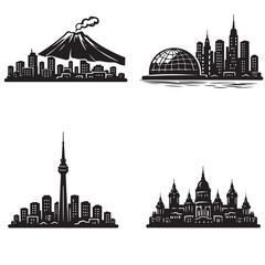 Naklejka premium City skyline silhouettes with Tokyo New York Toronto and Moscow landmarks