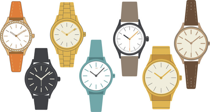 Wristwatch collection set, luxury and casual hand watch icons with leather and metal straps for fashion design vector
