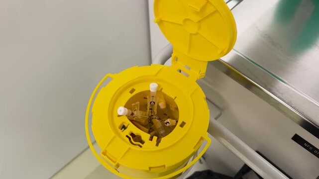 Close-up of a sharps container with used syringes for safe medical waste disposal. Concept for healthcare safety, hygiene, and infection control.