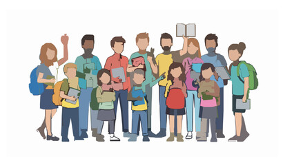 Fototapeta premium Back to school happy student group with books and devices vector