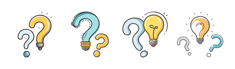 Hand drawn question mark and light bulb icons, creative problem solving concept vector, brainstorming and innovation symbols in doodle style © Eva