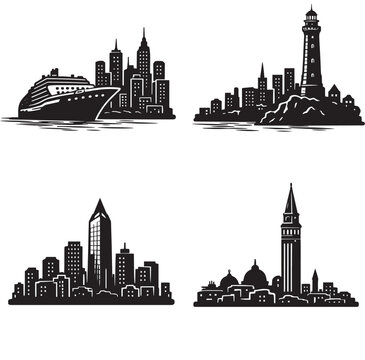 City skyline silhouettes with cruise ship tower metropolitan buildings and Venice landmarks