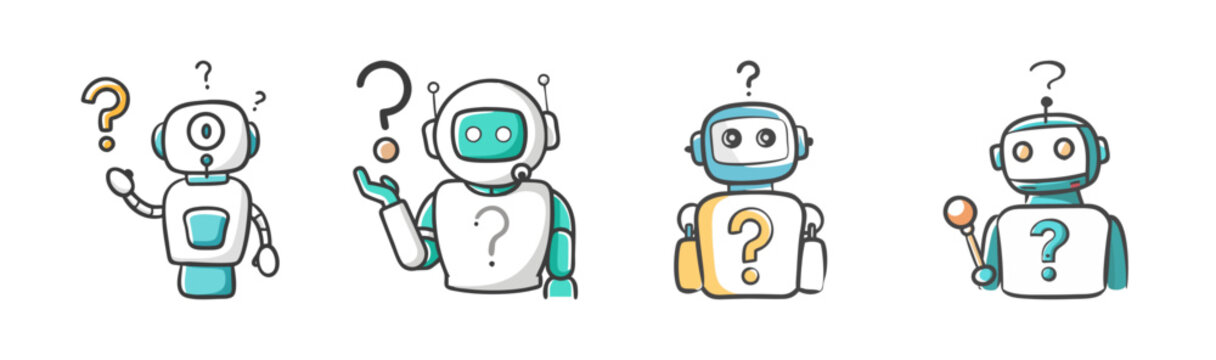 Confused robot character set with question marks, cute AI bot mascot collection in hand drawn doodle style, 4 vector robot icons for help desk