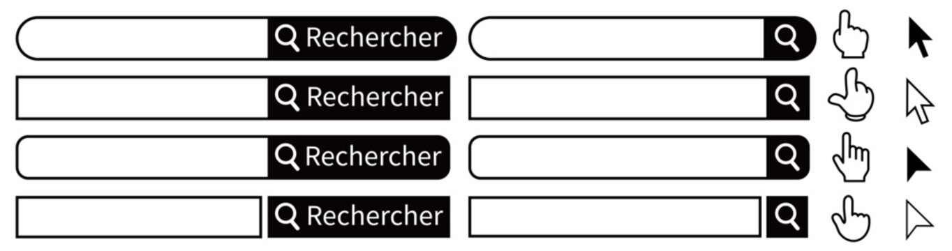 Barre de recherche avec bouton &laquo; Rechercher &raquo;, curseur et ic&ocirc;ne de main pointant (design UI simple pour site web et application)