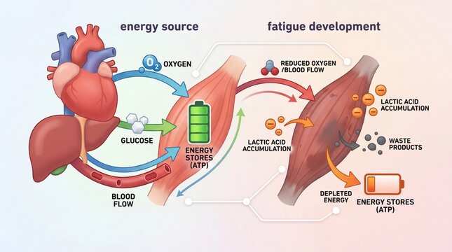 Understanding Human Muscle Energy Metabolism From Glucose and Oxygen Supply to Lactic Acid Accumulation and Fatigue Development in the Body