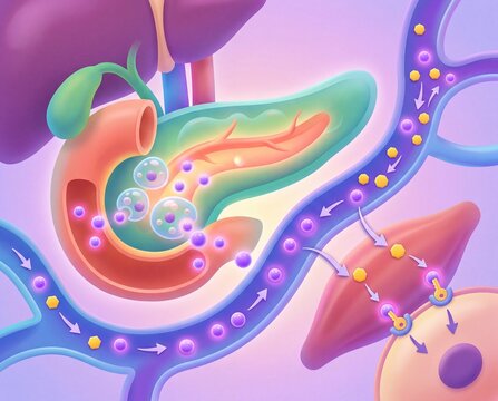 Illustration of the pancreas and liver working together with glucose transport into cells and insulin production