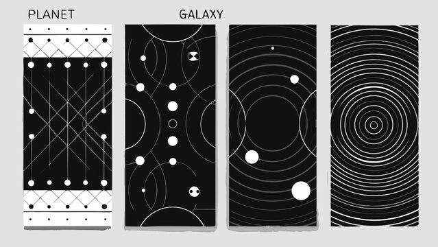 Four abstract black and white patterns resembling planetary or galactic designs