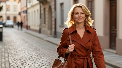 Obraz premium 3. A 42-year-old Caucasian woman with fair freckled skin and strawberry blonde hair walking through a sunlit European cobblestone alley, golden hour light painting her hair with warm amber tones, wear
