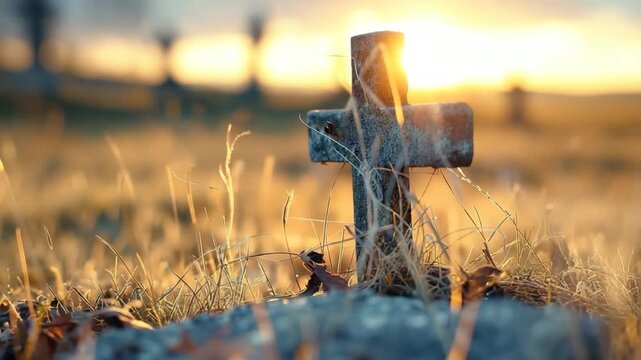 Sunrise occurs over a memorial with a stone cross surrounded by golden grass. Light shines through clouds, creating a warm glow at the start of the day