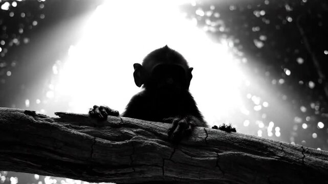 Black and white portrait of a baby monkey perched on a branch looking towards the light