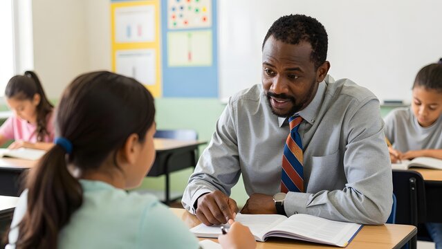 74. A 35-year-old Black male high school teacher with caring patient energy sitting beside a student desk to explain a concept one-on-one, warm natural classroom light, wearing professional casual att