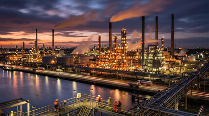 Fototapeta premium Industrial Oil Refinery at Dusk with Smoke and River