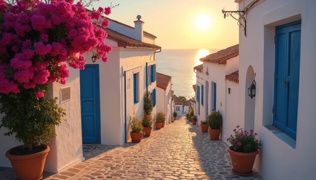 Cobblestone alleyway in Mediterranean village descends to sea. White houses with blue shutters line the path. Pink bougainvillea blooms on left side. Warm sunset casts long shadows.