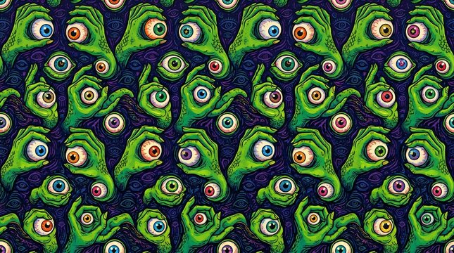 Surreal pattern of green monster hands holding eyeballs on dark backdrop in a psychedelic hallucinatory art style for bold wallpapers