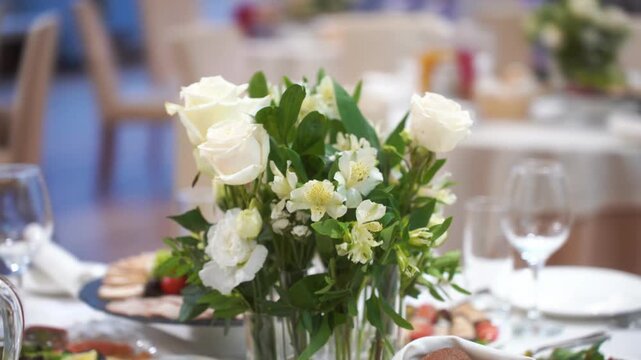 Wedding table decor with white flowers, blank card stand on white tablecloth, fabric drapery background, floral arrangement front view, with copy space. Concept wedding, ceremony, invitation, luxury