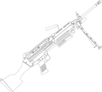 Drawing of a M249 squad automatic weapon side view vector illustration. M249 SAW silhouette vector.