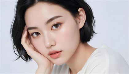 Naklejka premium 頬に手を添える美しい若い女性のポートレート
