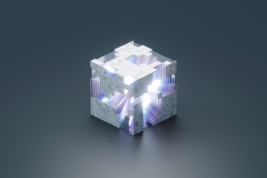 3D luminous quantum cube with glowing layered inner core