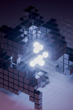 3D glass network grid with radiant cube and neon depth