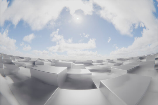 3D cloud horizon plane with white block field and sky