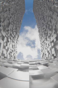 3D cloud corridor tower with white voxel wall and sky