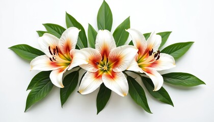 Fototapeta premium Three white Stargazer lilies with orange and yellow centers and green leaves are arranged against plain white background. This floral composition is elegant and striking, suitable for various designs.