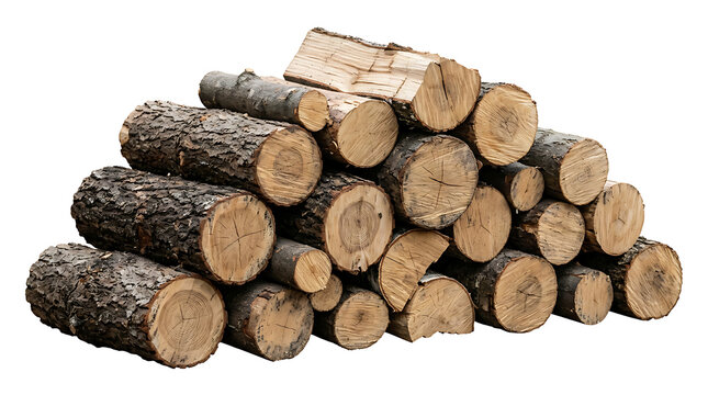 Stacked natural brown wooden logs and timber sections, rustic lumber pieces isolated on transparent background, forestry industry raw material for construction and carpentry projects