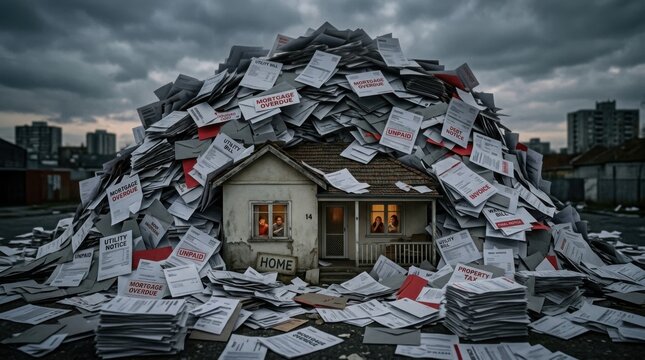 House overwhelmed by a massive pile of documents, symbolizing bureaucracy.