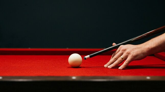 Man lines up a shot with a cue stick on a red billiard table preparing to strike the cue ball with precision in a game of pool