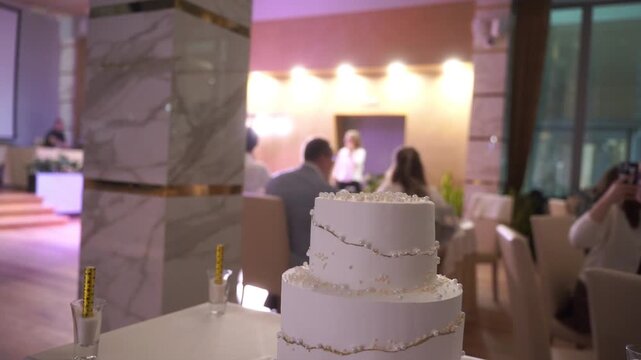 Cropped waiter or a groom is hold rustic wedding cake and brings a cake in his hands wedding banquet