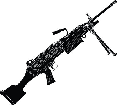 Silhouette of a M249 squad automatic weapon side view vector illustration. M249 SAW silhouette vector.