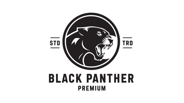 Black panther premium logo emblem with roaring cat head inside circular badge for sports and brand identity