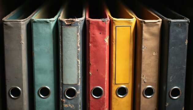 Row of old binders on shelf. Colorful file folders for organizing documents. Records storage. Office archive. Information management system.