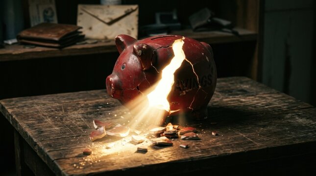 Cracked Piggy Bank with Light Bursting Out on Wooden Table.