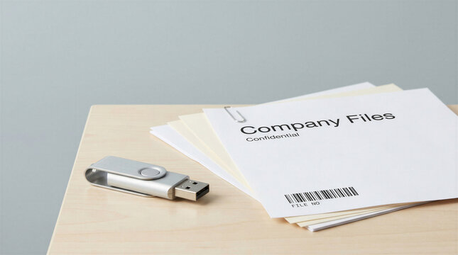 USB drive with confidential company files on desk with soft background